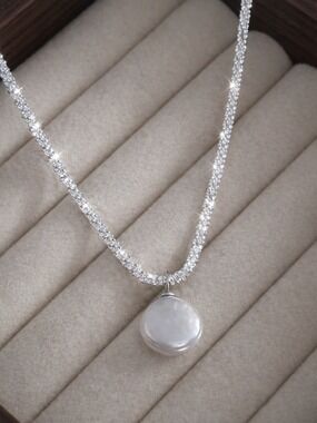 Sparkly Tennis Chain Necklace with Pearl Pendant, Bold Shine Minimal Necklace
